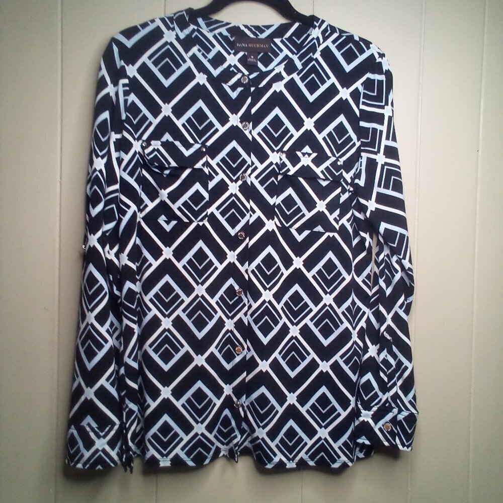 Dana Buchman Blouse M Button Up Long Tab Sleeve Black White